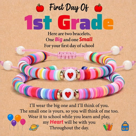 First Day of School Bracelet, First Day of School Gift for Kindergarten Preschool First Second Grade, Colorful Matching Heart Adjustable Bracelets for Mom and Daughter, Back to School Gifts