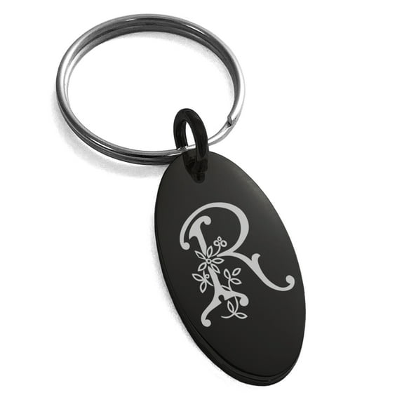 Stainless Steel Letter R Initial Floral Monogram Engraved Small Oval Charm Keychain Keyring