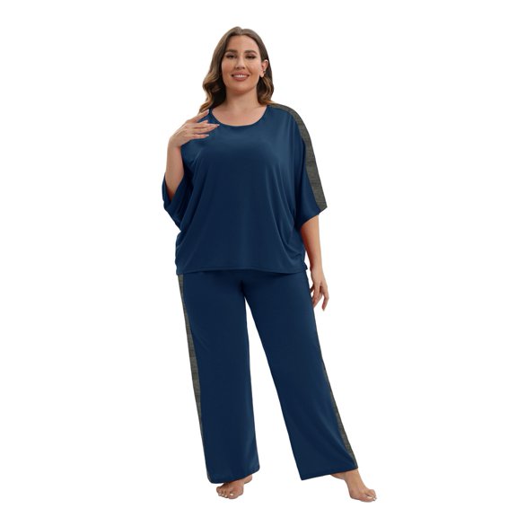 WBQ Women Pajama Sets V-Neck Short Sleeve Tops with Long Pants Sleepwear Soft Pajama Set Plus Size Nightwear