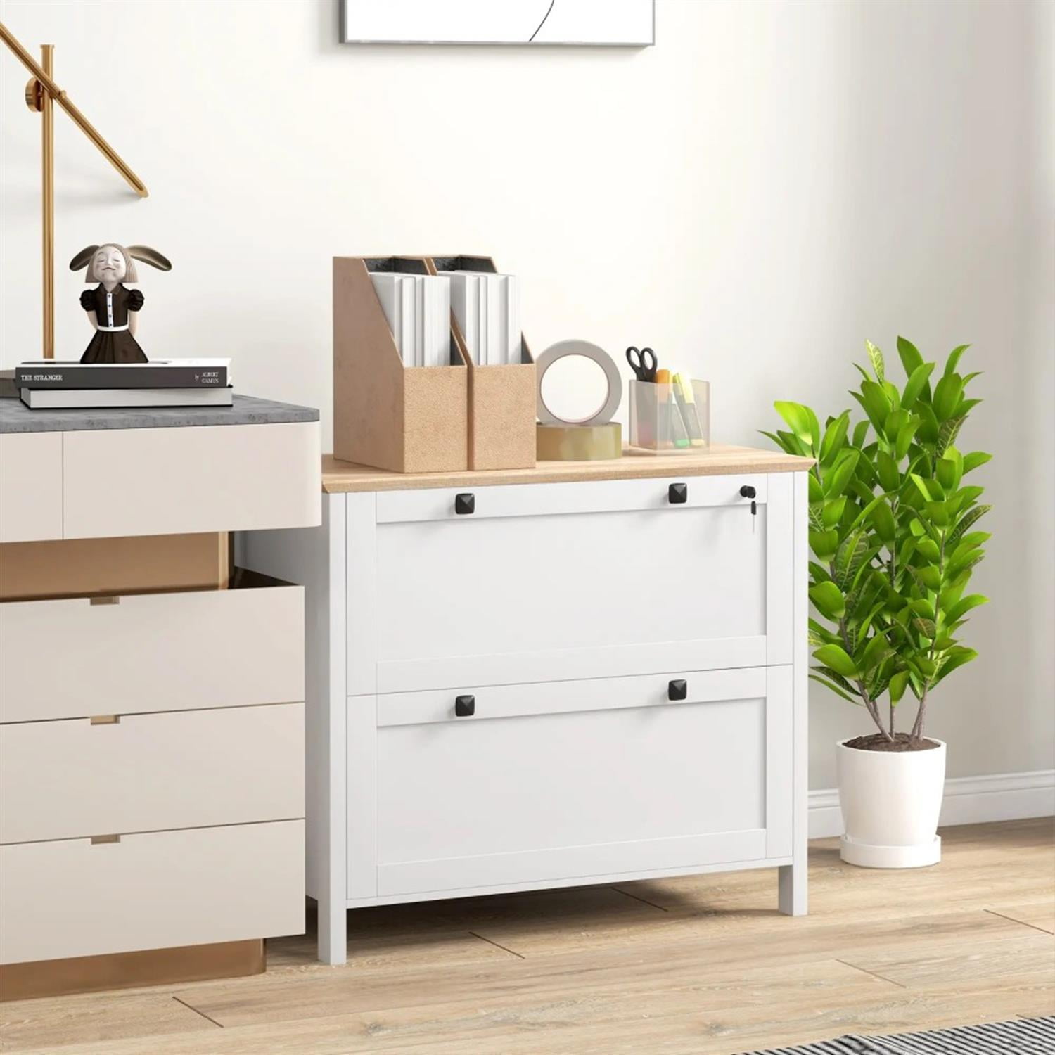 Demi Bonn Modern 2-Drawer Filing Cabinet with Adjustable Hanging Bar, for Letter, A4 and Legal Size, Home Office, Lateral File Cabinet, White
