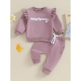 thumbnail image 2 of ZAXARRA Toddler Girl Fall Clothes Fuzzy Letter Print Long Sleeve Ruffled Sweatshirt Solid Color Pants with Strap 2 Pcs Outfit, 2 of 9