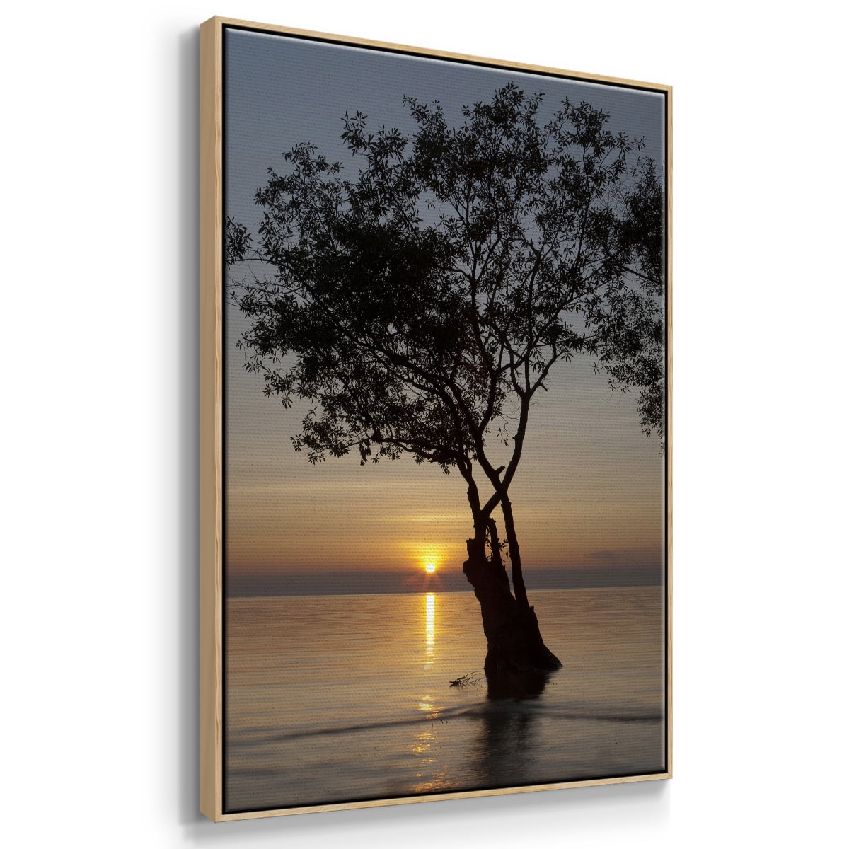 Sunset Silhouette Framed Premium Gallery Wrapped Canvas - Ready to Hang - 25 x 37 - Natural Wood Floating Frame