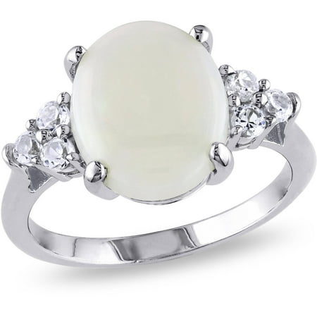 3 Carat T.G.W. Cabochon-Shaped Opal and Created White Sapphire Sterling Silver Cocktail Ring