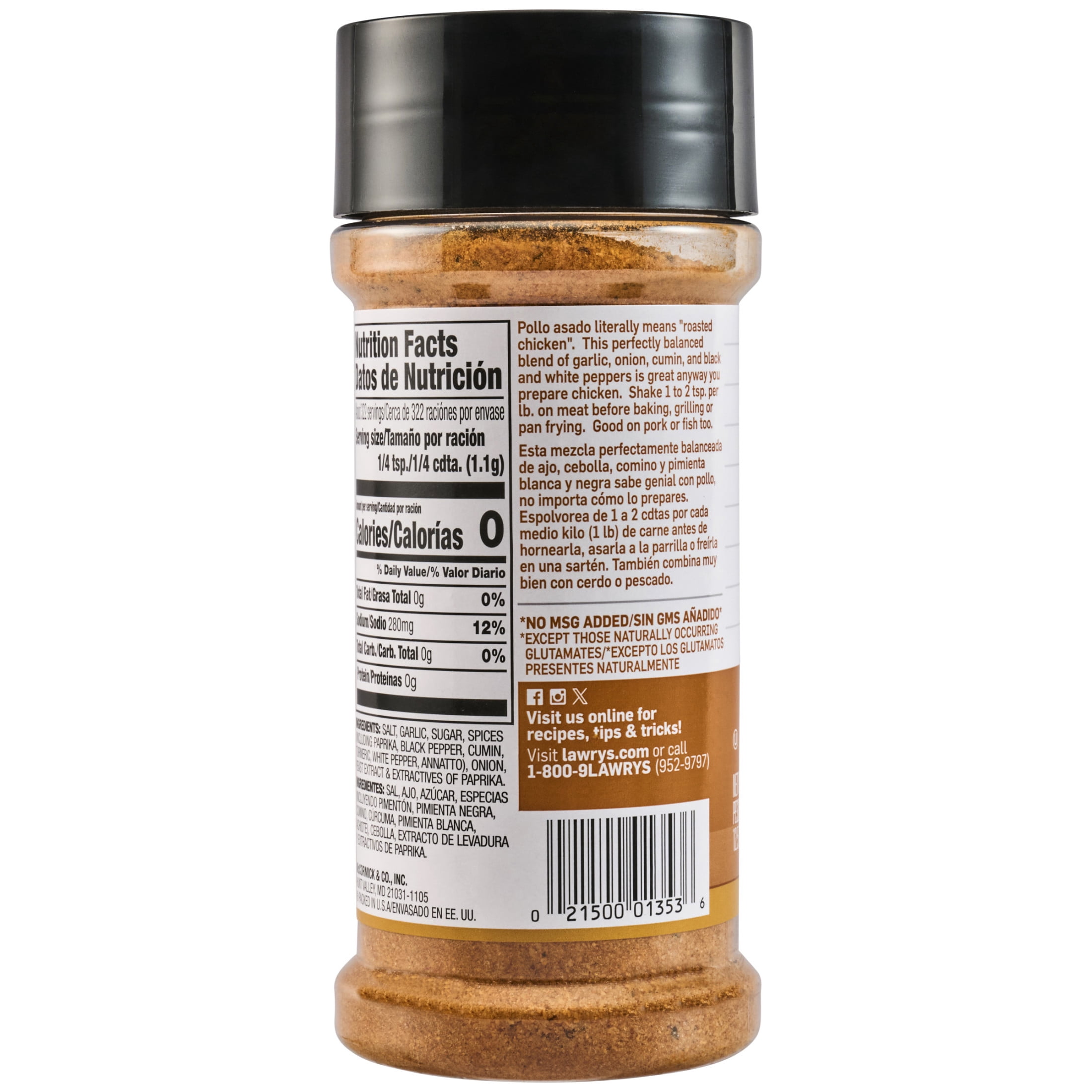 Lawry's Kosher Pollo Asado Seasoning, 12.5 oz Bottle