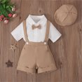 thumbnail image 2 of RMGVDSD Baby Boy Clothes Suit Infant Toddler Gentleman Outfits Short Sleece Shirt With Bowtie Suspenders Shorts Beret Baby 3 Piece Set 4-5 Years, 2 of 9
