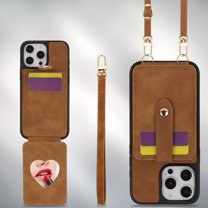 ELEHOLD Case for iPhone 13,Crossbody Wallet Case with Mirror & Card Holder Stand,Brown
