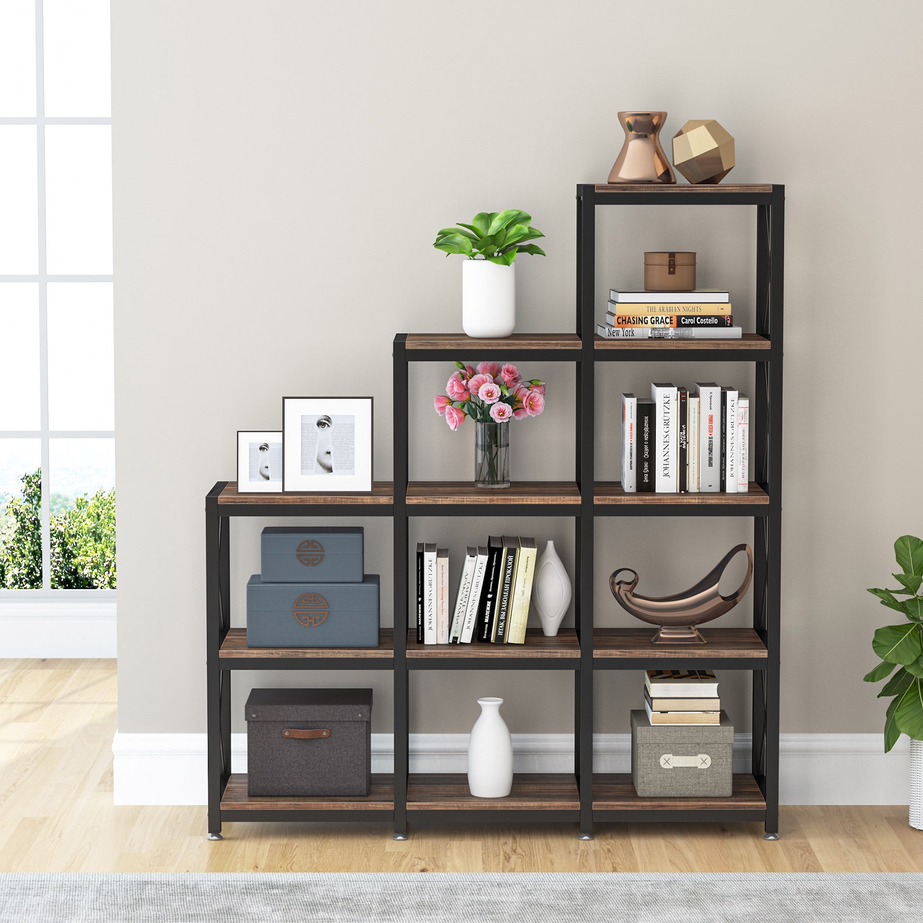 Tribesigns Industrial 5-Tier Ladder Bookshelf - 12-Shelf Rustic Brown Bookcase with 9 Cubes, Corner Display Storage for Home/Office