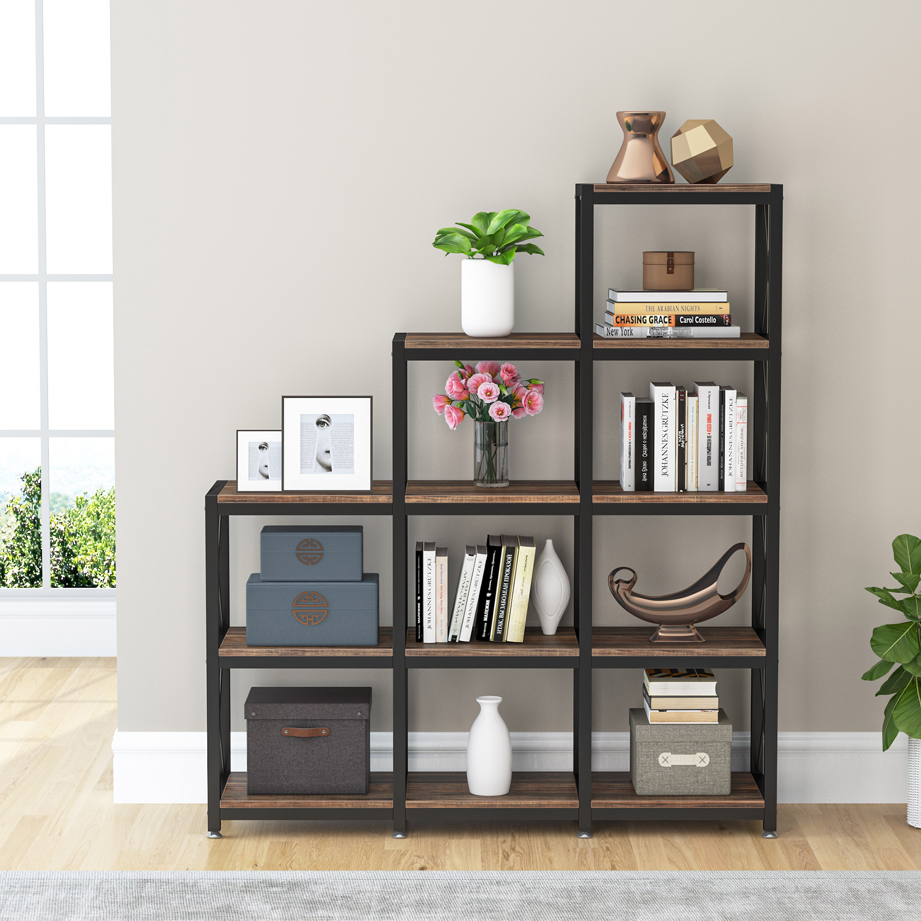 Tribesigns 12-shelf Bookcase, 5-tier Industrial Step Bookshelf for Home Office, Rustic Brown - image 3 of 7