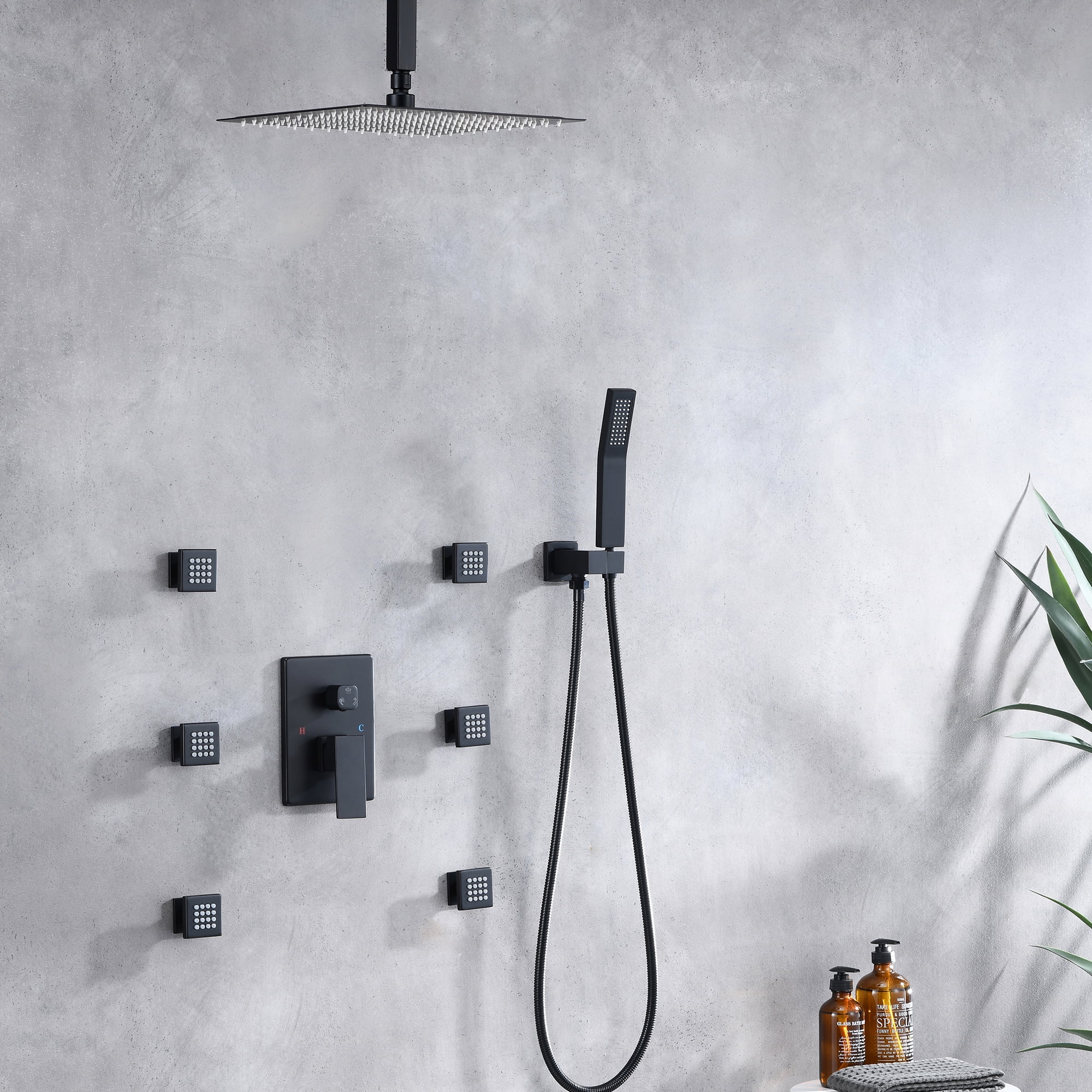 Full Body Shower System with Body Shower Spray Jets, 12'' Ceiling Shower Head System with Jets & Hand Shower, Matte Black Rain Shower System Faucet Set with Jets & Valve