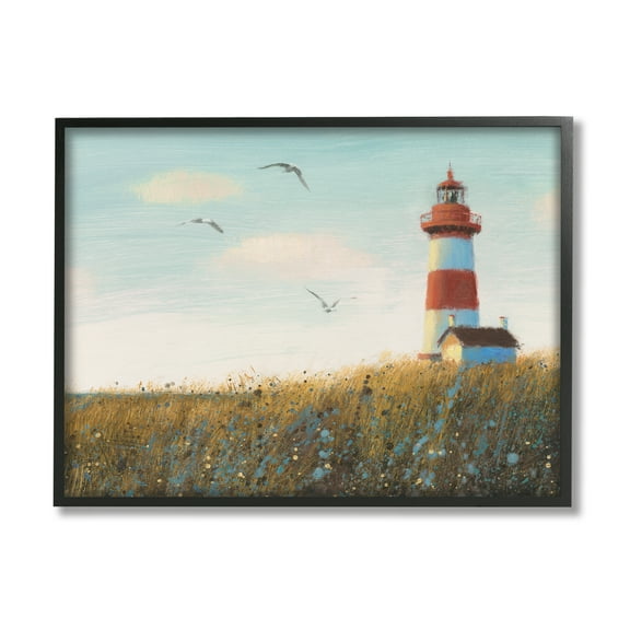 Stupell Industries Coastal Lighthouse Painting Nature Painting Black Framed Art Print Wall Art, 14 x 11