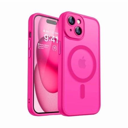 can Magnetic for iPhone 15 Case, Upgraded [Full Camera Protection] [Compatible with Magsafe] [Translucent Matte] Shockproof Protective Phone Case for iPhone 15 6.1" - Hot Pink