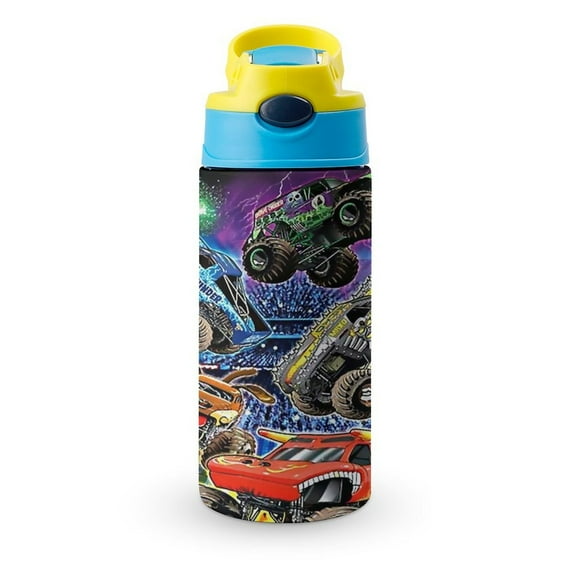 Kids Water Bottle with Covered Pop-Up Straw Monster Truck Jam Insulated Stainless Steel Cup for Girls Boys