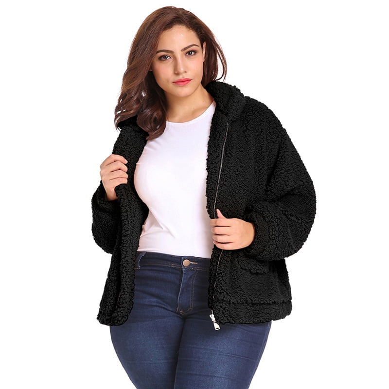Women Plus Size Winter Coat Jacket Fleeces Turn Down Collar Zip Up Loose Warm Furry Casual