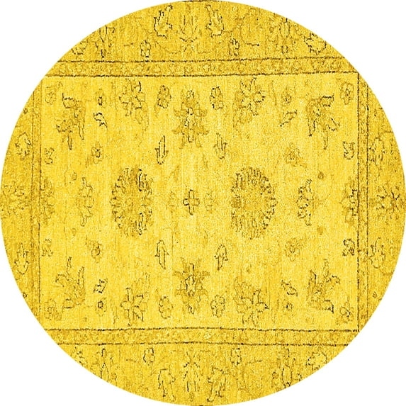 Ahgly Company Machine Washable Indoor Round Oriental Yellow Traditional Area Rugs, 7' Round