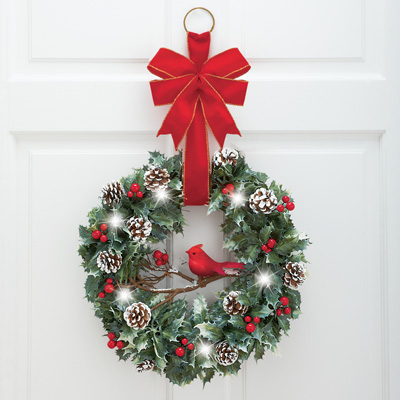 LIGHTED CHRISTMAS CARDINAL DOOR WREATH WITH BOW BATTERY OPERATED - Walmart.com