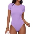 thumbnail image 3 of ANRABESS Bodysuits for Women, Women's Short Sleeve Bodysuit Stretchy Comfy T-shirt Round Neck Basic Body Suit Tops Casual Outfits 2026 Light Purple M, 3 of 13
