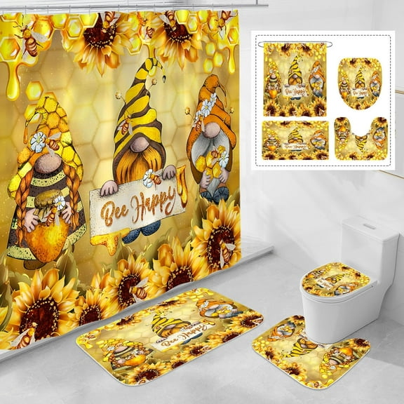 4 Pcs Sunflower Gnomes Shower Curtain Set with Non-Slip Rugs, Toilet Lid Cover and Bath Mat, Farmhouse Country Bathroom Decor Set with Shower Curtain and Rugs