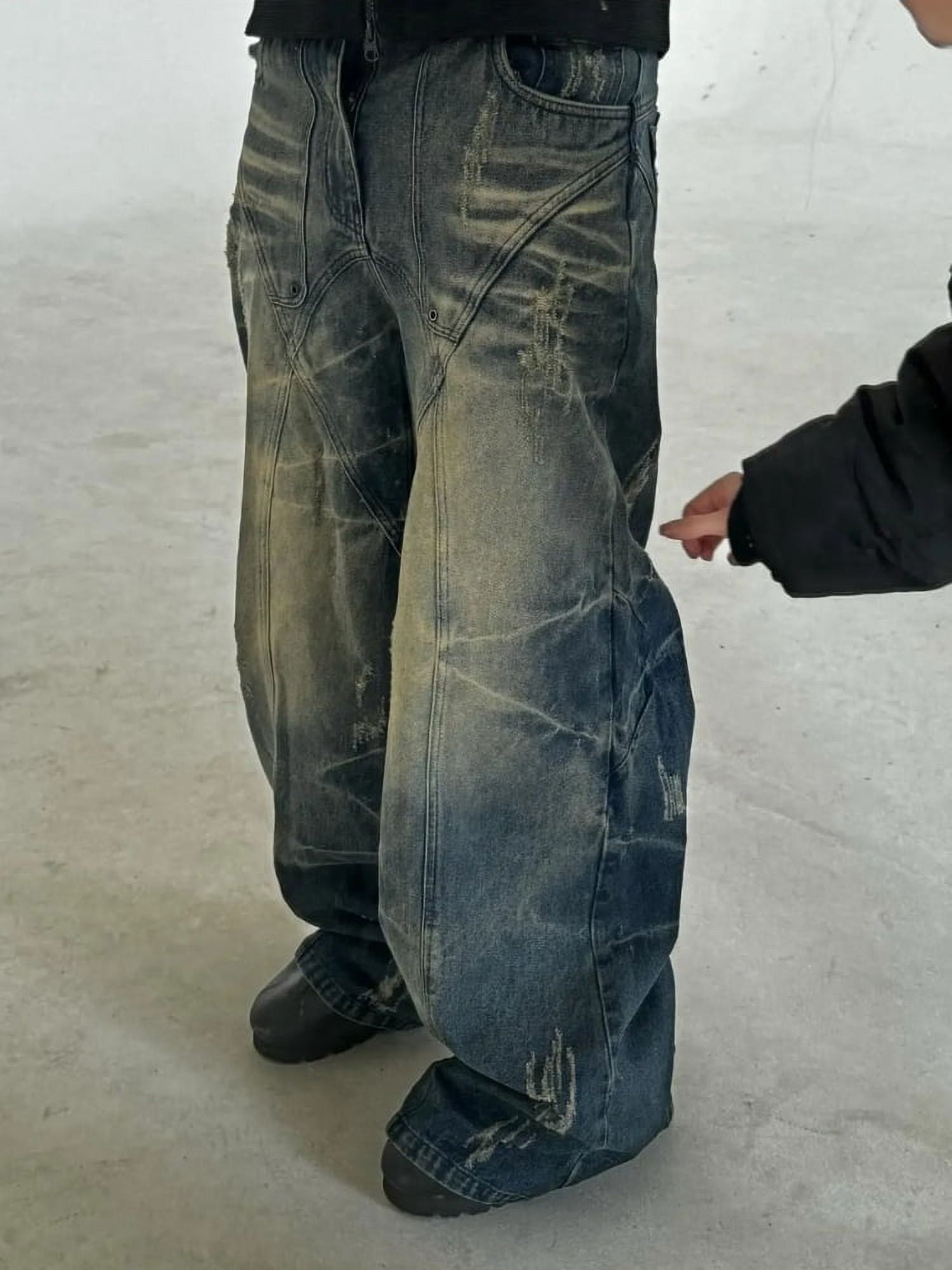 American New Fashion Hole Washing Old Baggy Jeans Male Y2K Retro