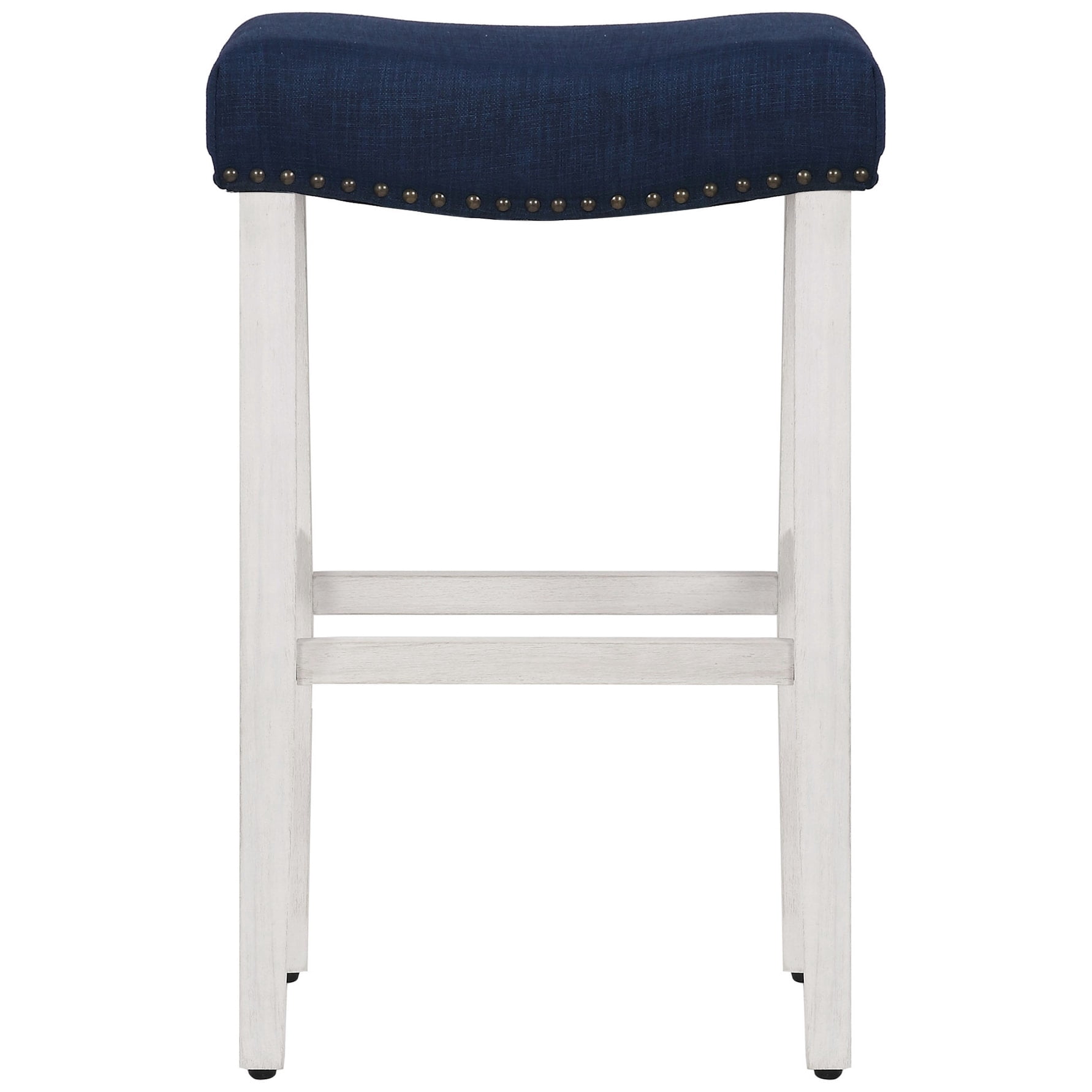 Polytrends Jameson Upholstered Polyester 29" Bar Stool with White Legs - (Set of 2) Antique White/Navy Blue
