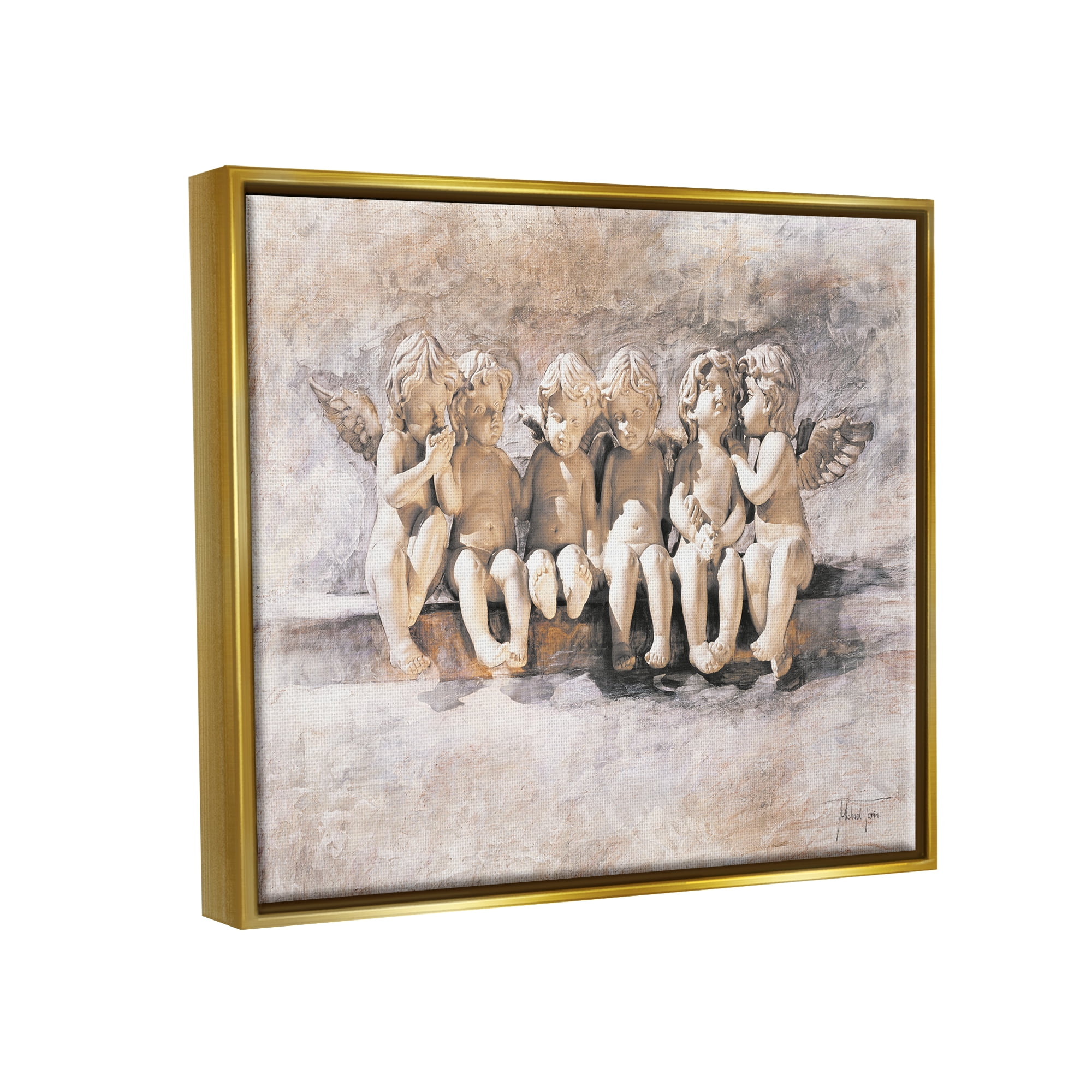 Stupell Industries Angels Chatting Religious Neutral Grey Painting Metallic Gold Framed Floating Canvas Wall Art, 16x20, by Young and Proven