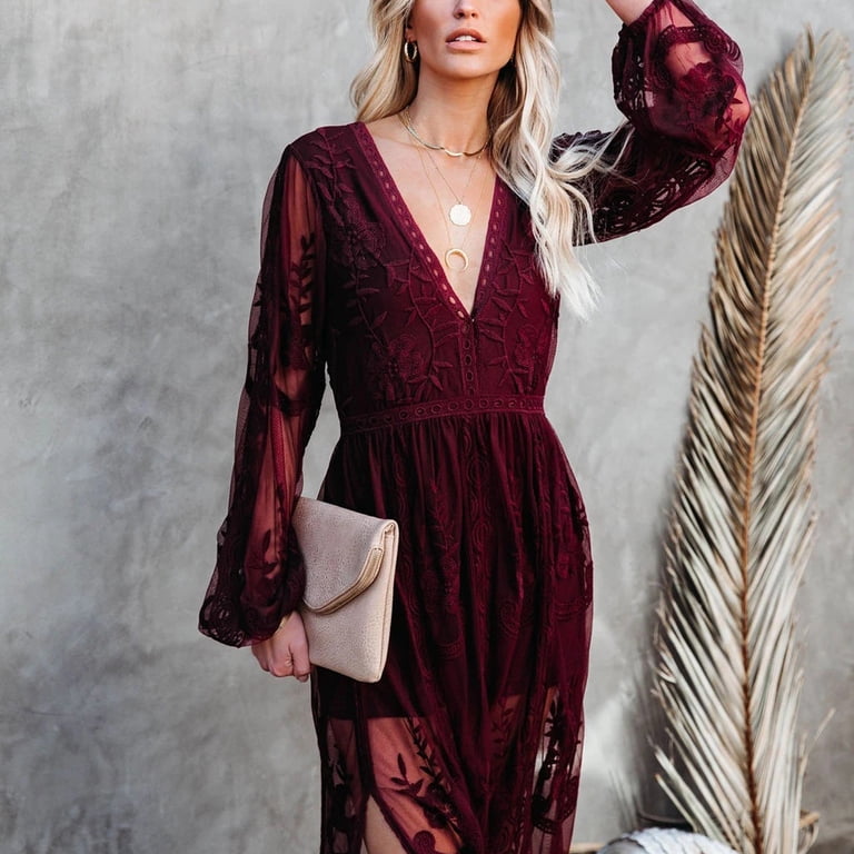 burgundy crochet maxi dress Burgundy Maxi Dress with Crochet Top and Side Slit main image 1