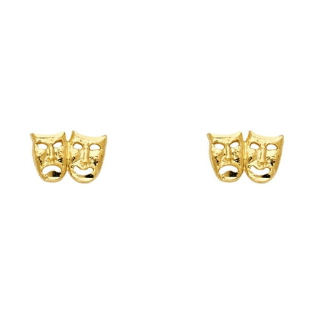 Drama Mask Stud Earrings Solid 14k Yellow Gold Two Faced Post Studs Smile Now Cry Later 6 x 10 mm