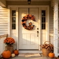 thumbnail image 3 of 15.7" Artificial Halloween Skeleton Cat Moon Wreath, Orange Black Floral Crescent Decor for Front Door, Porch & Wall, Plastic & Fabric, 3 of 10