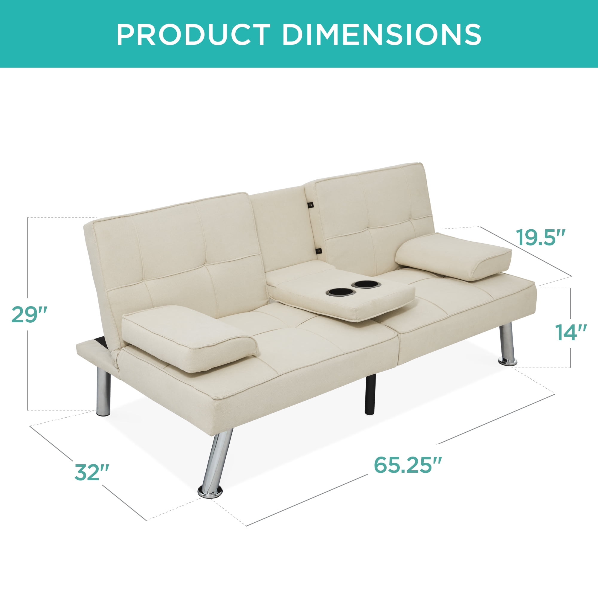 Best Choice Products Modern Linen Convertible Futon Sofa Bed w/ Removable Armrests, Metal Legs, Cupholders - Ivory