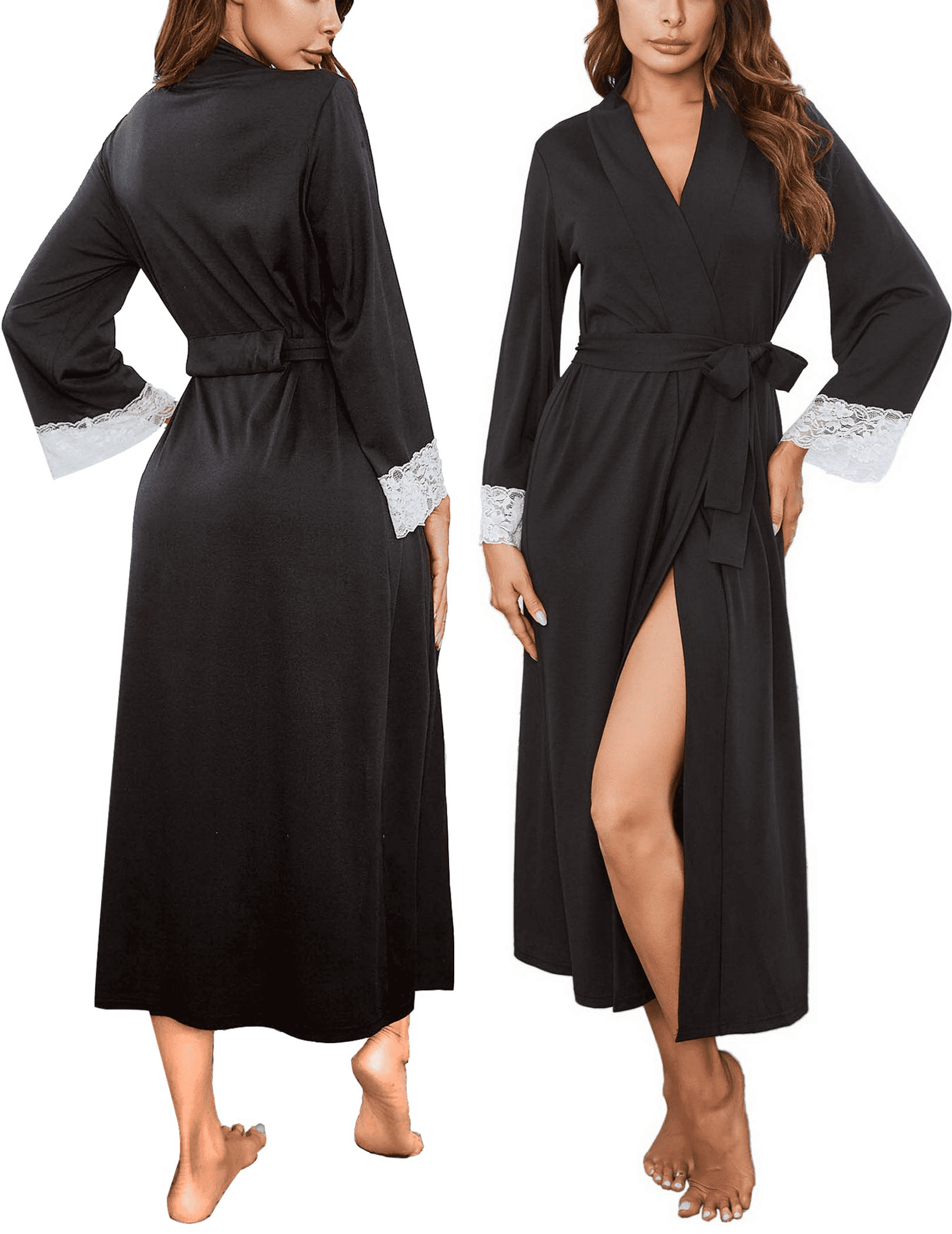 Ekouaer Robes Women Long Robes Hooded Side Slit Sleepwear Long Sleeve Housecoat Ladies Loungewear with Pockets S-XXL 