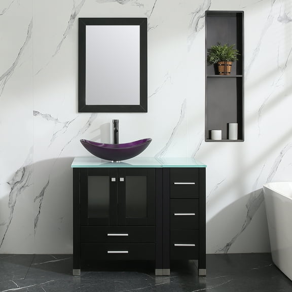 Wonline 36" Bathroom Vanity Cabinet & Tempered Glass Vessel Sink Bowl Faucet Drain Combo