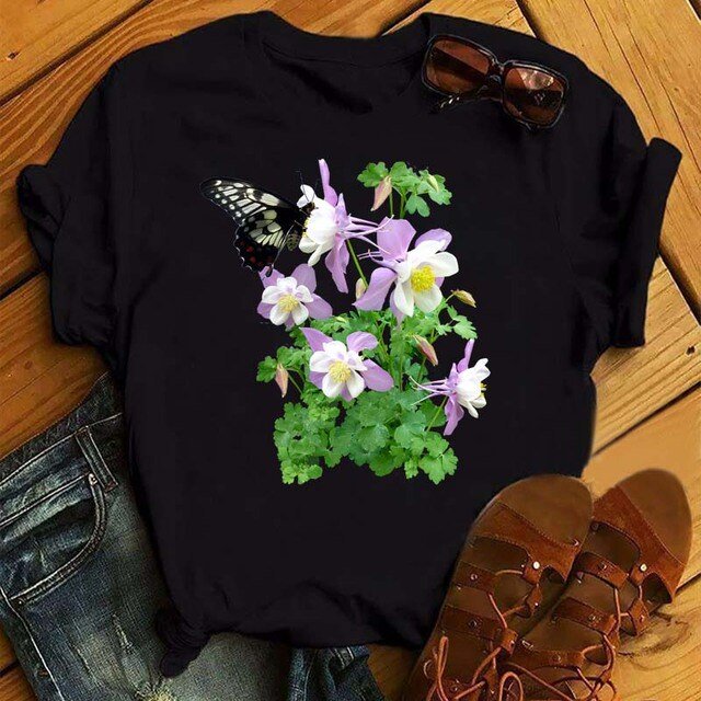 T-shirt Femme Imprimé Mode Fleur Papillon Manches Courtes Décontracté Haut Graphique