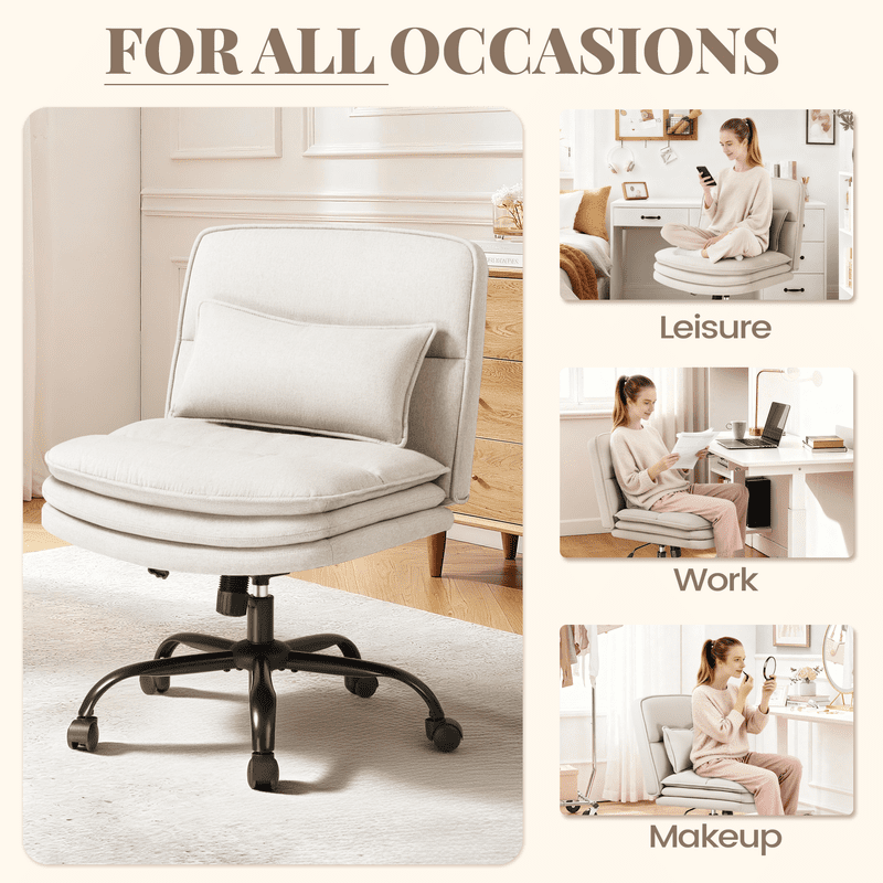 Homall Cross Legged Wide Seat Office Chair with Wheels,Office Armless Desk Chair, Modern Swivel Computer Task Chair Height Adjustable Vanity Chair,in Fabric,Beige