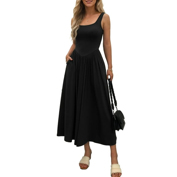 Women'S Summer Maxi Dress Sleeveless Square Neck Casual Beach Sundress with Pockets, Flowy Patchwork Knit Black M