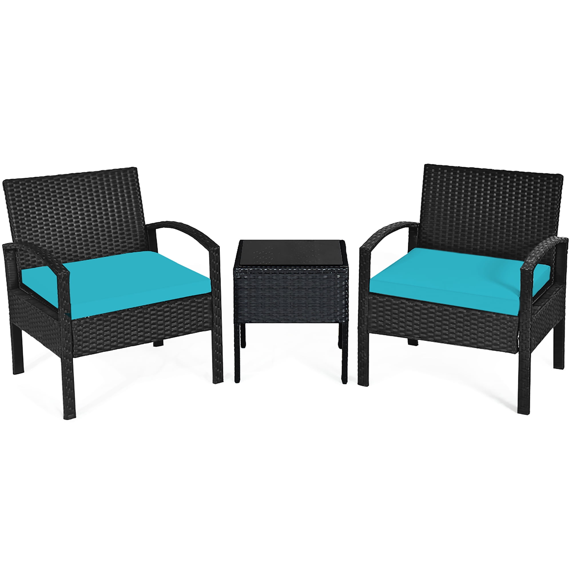 Costway 3 PCS Patio Rattan Furniture Set Coffee Table Conversation Sofa Cushioned Turquoise