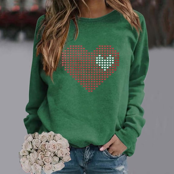 Green Womens Tops Women's Fashionable Round Neck Casual Valentine's Day Love Print Long Sleeve Top Sweatshirt Fall Outfits for Women 2025
