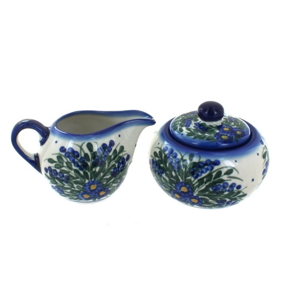 Blue Rose Polish Pottery Hyacinth Sugar Bowl & Creamer Set