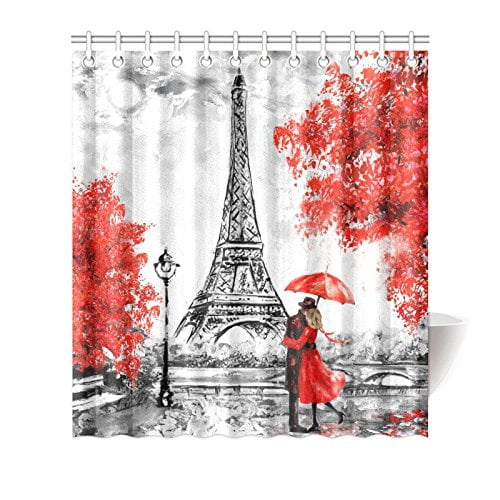 YUSDECOR Élégant Paris Tour Eiffel Couple Rouge Parapluie Arbres