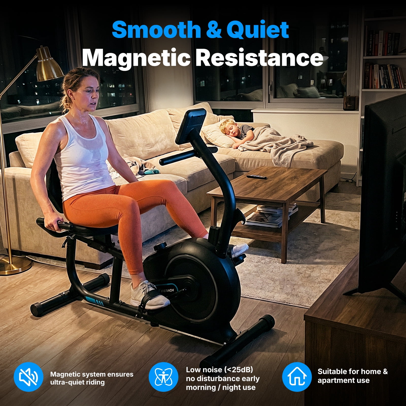 MERACH Recumbent Exercise Bikes for Home, Smart Bluetooth Recumbent Bike with APP & LCD Monitor, 8-Level Magnetic Resistance, Heart Rate Handle, Comfortable Stationary Bike for Seniors & Adults