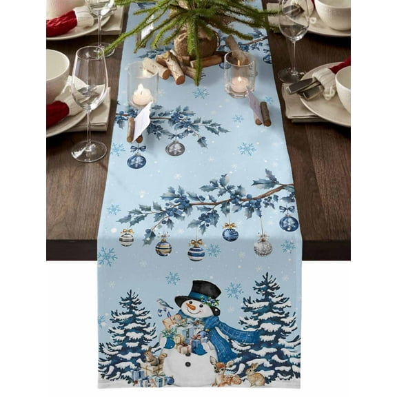 Blue Christmas Dresser Scarf Farmhouse, Dining Table Decorations for Wedding/Parties, Snowman Xmas Tree Balls Snowflake Table Runner 72 Inches Long for Kitchen Dining, 13 x 72 In