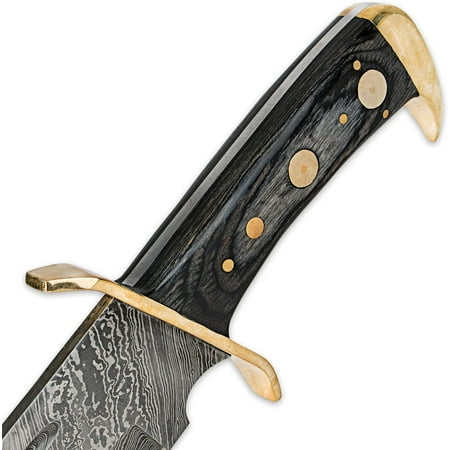 Timber Rattler Western Outlaw Damascus Bowie Knife Full Tang - 16.5 Length | Fixed Blade Damascus Knife with Sheath | Hardwood Handle | Brass-Plated Guard | 11 3/8 Blade