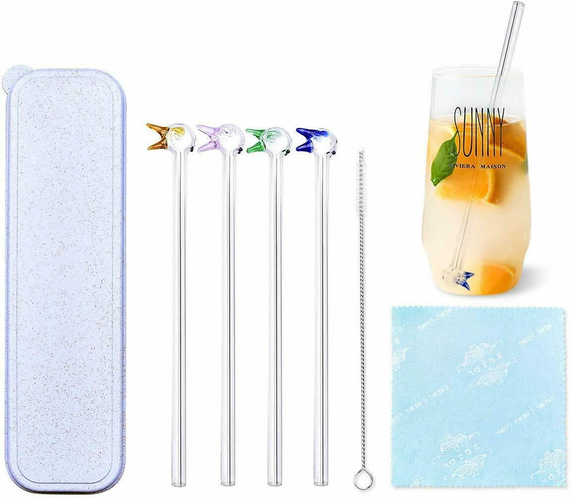 Reusable Glass Straw Wedding Birthday Party Drink Straws Set w/Cleaning Brush 