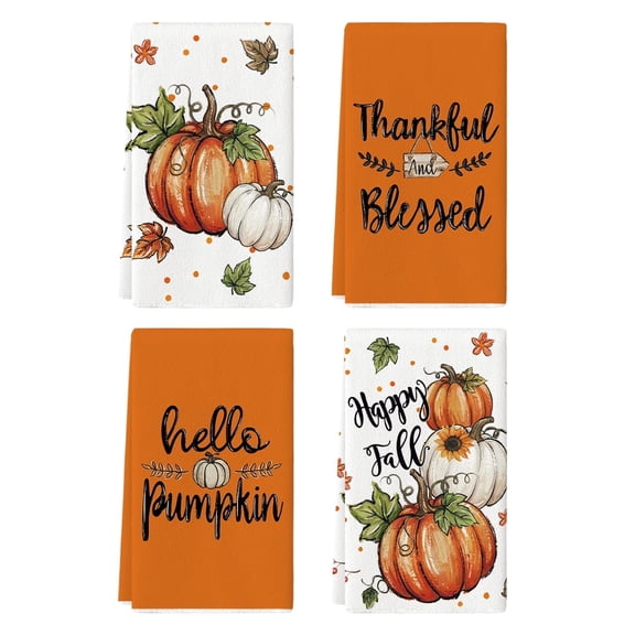 Sm:)e Bless Home Maple Leaves Pumpkins Orange Fall Kitchen Dish Towels Set of 4, Soft & Absorbent Washcloth 18x26 Inch
