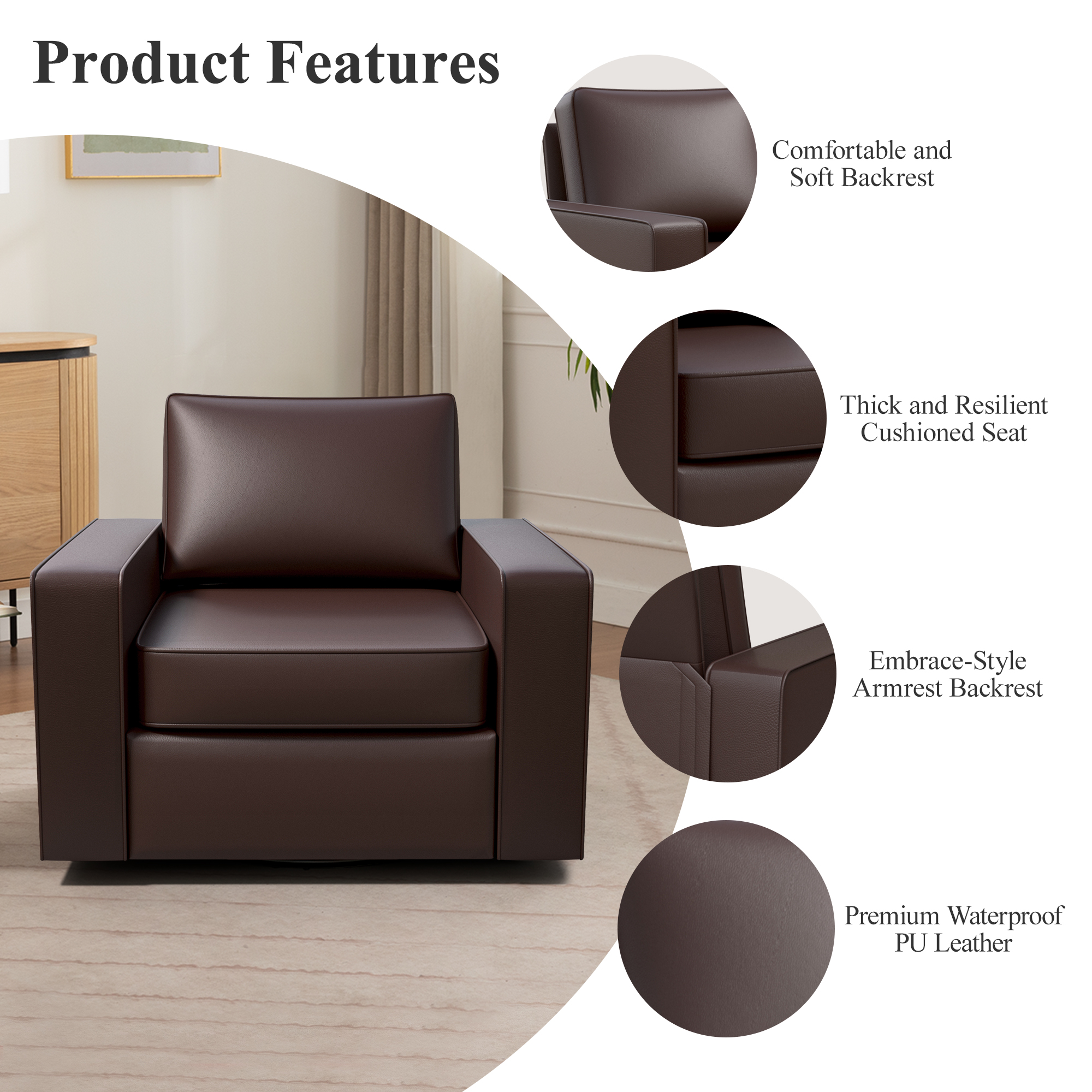 COOLHUT 360° Swivel Accent Chair Set of 2, 36.2" Wide PU Leather Accent Chair Armchair, Comfy Upholstered Single Sofa Chair for Living Room and Bedroom, Dark Brown