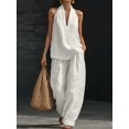 thumbnail image 3 of Women 2 Piece Outfits Halter V Neck Sleeveless Top and Wide Leg Pants Set with Pockets White S, 3 of 6