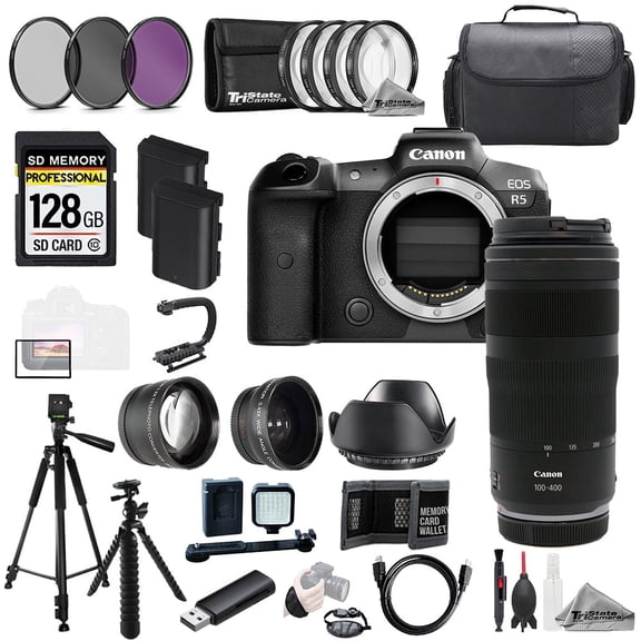 Canon EOS R5 Camera   RF 100-400mm f/5.6-8 IS USM Lens 128GB Ext Bat 9 PC Filtr MEGA Kit (International Version)