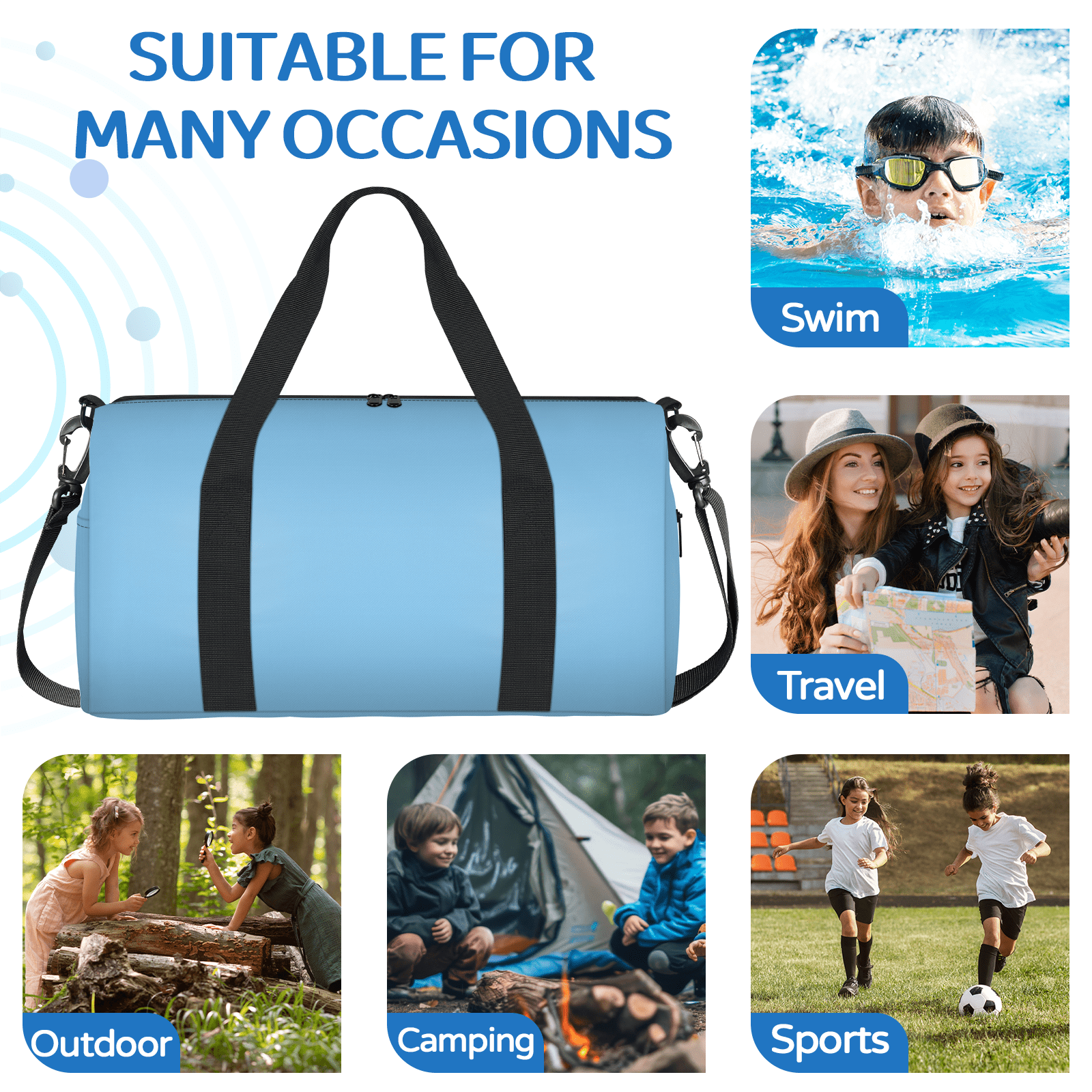 Herdesigns Lightskyblue Travel Duffle Bag Sports Yoga Weekender Overnight Carry on Workout Bags Lightweight Waterproof Gym Tote Bag for Women