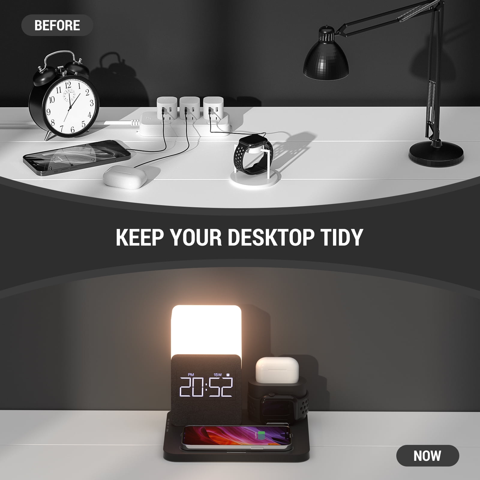 15W 3-in1 Wireless Charger Compatible iPhone 16/15/14/13/15, Apple Watch, AirPods – Fast Charging Dock w/Alarm Clock & Night Light Black + 18W Adapter