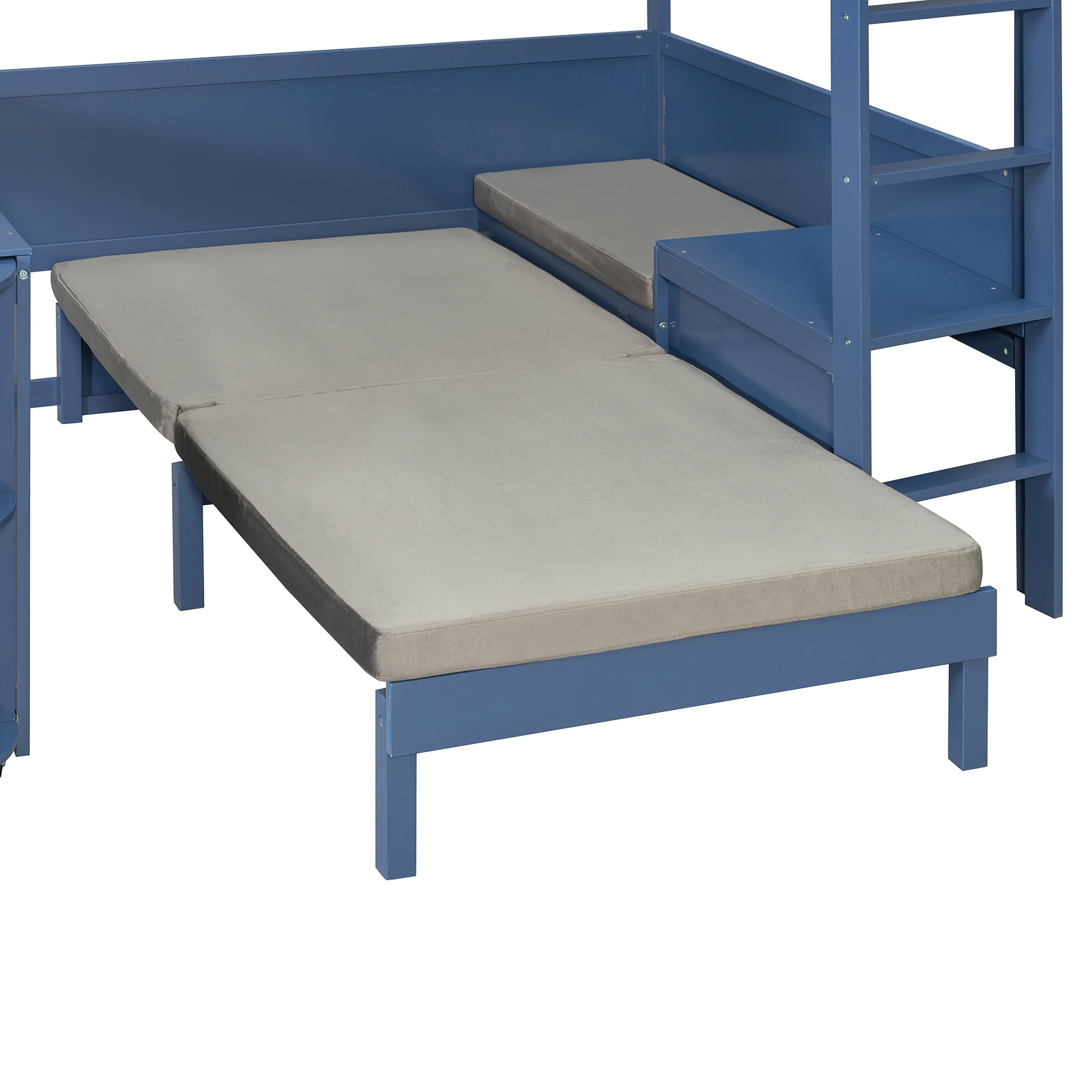 Full Size Wood Loft Bed with Desk, Bedside Storage Shelf, Sofa and Light, Space Saving Loft Bed with Rotating L-Shaped Desk for Bedroom Home Office Studio Apartment, Navy Blue
