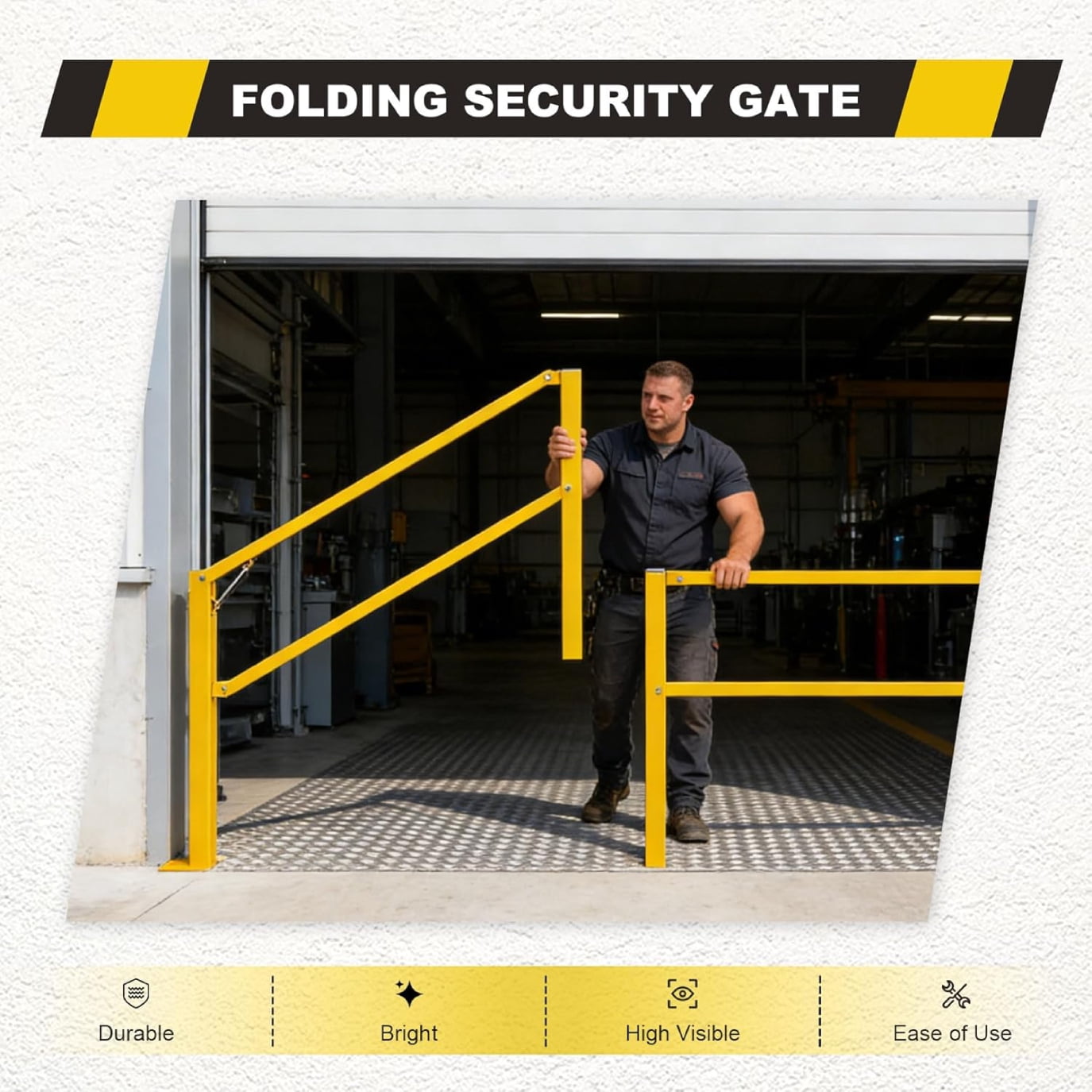 Reykilor 11.5' W Door Dock Gate for Loading Bay Fall Hazard Protection, Folding Security Gate, Safety Barrier with Steel Columns, Yellow Powder Coated