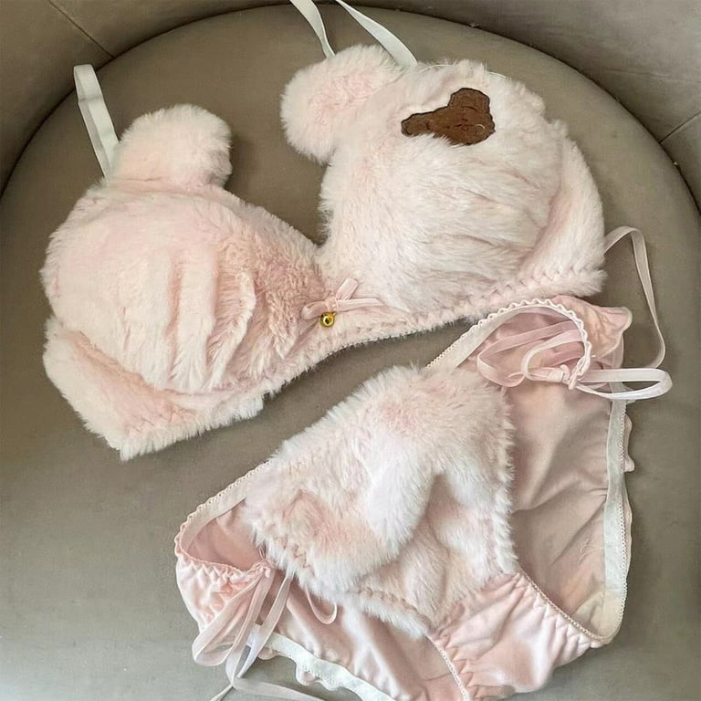 Womens Lolita Kawaii 2pcs Bra Panty Set Cute Bear Fluffy Faux Fur Underwire Underwear  Plush Ball Bow Anime Lingerie 